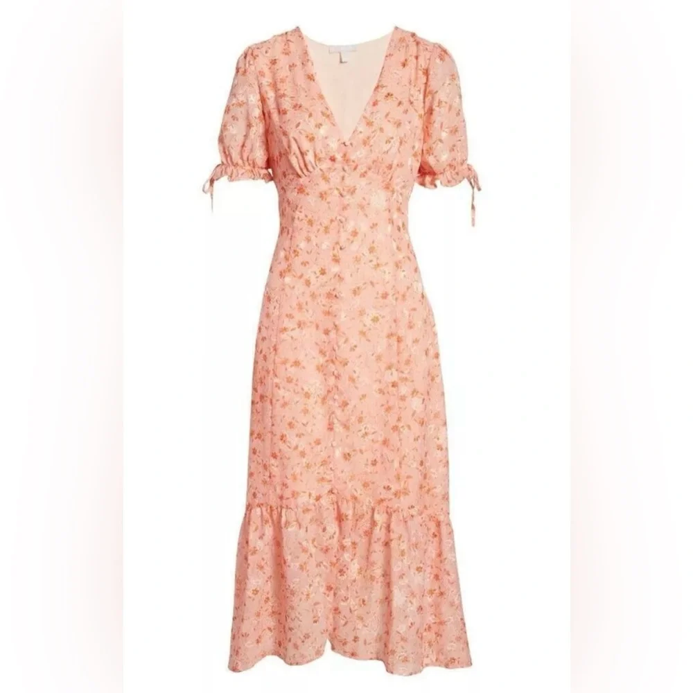 Chelsea 28 Prairie Coral Floral Tie Sleeve Ruffle Hem Midi Dress Size L(12/14)⭐️ - Picture 2 of 15